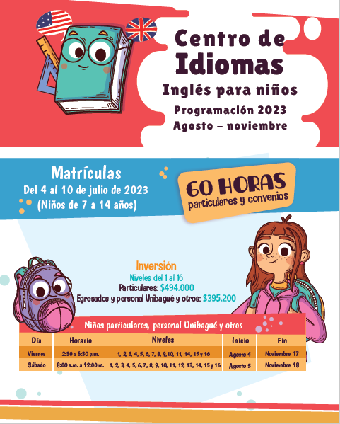 Imagen (vínculo) con la programación del centro de idiomas para niños julio 2023